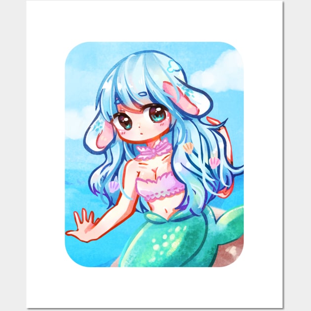 bunny mermaid ocean sea kawaii anime girl Wall Art by mushopea